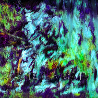 Third of a series of digital oil paintings of different views of a moody blue wooded waterfall landscape.