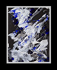 abstract mixed media piece in blues, white, and black