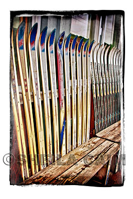 Many skis leaning against a wall