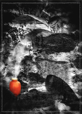 An autumA dream scene of burning rocks and a smoking urn