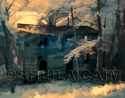 A digital painting of an old farmhouse in the woods